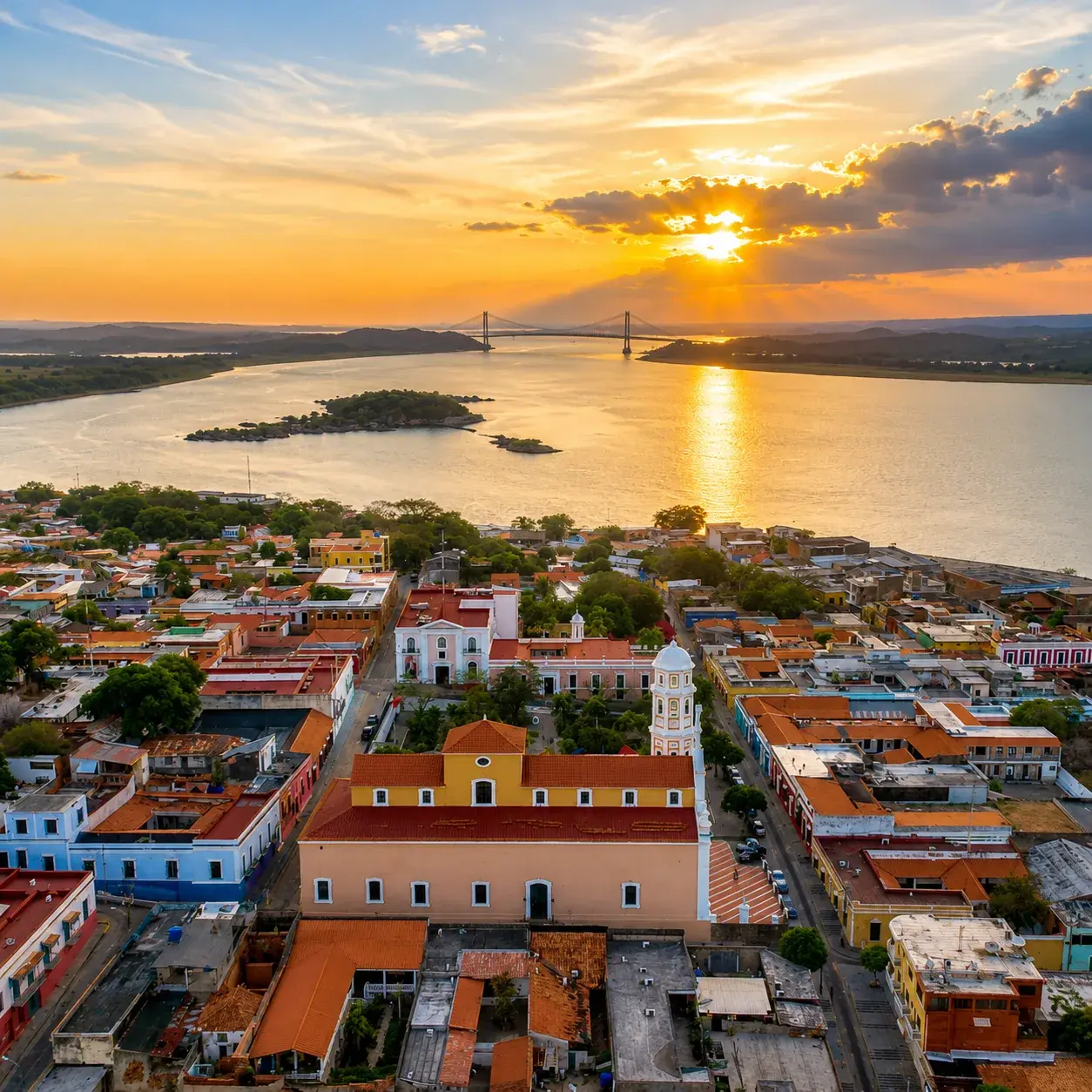 Atardecer sobre el rio Orinoco y el Puente de Angostura desde Ciudad Bolivar