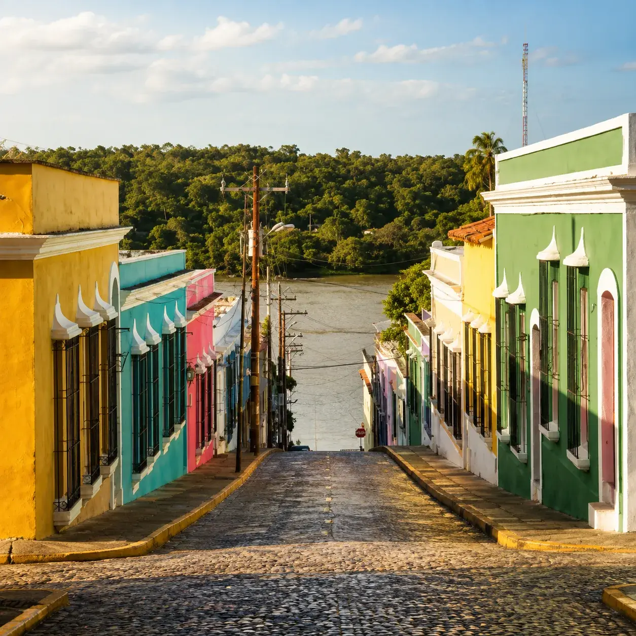 Calle colonial empedrada de Ciudad Bolivar bajando hacia el rio Orinoco
