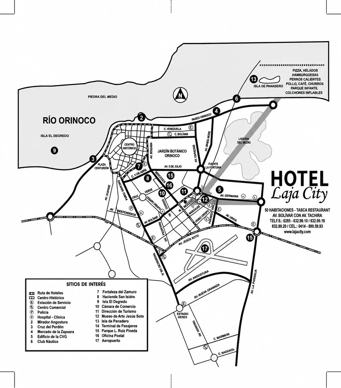 Mapa de Ciudad Bolivar con la ubicacion del Hotel Laja City y los sitios de interes