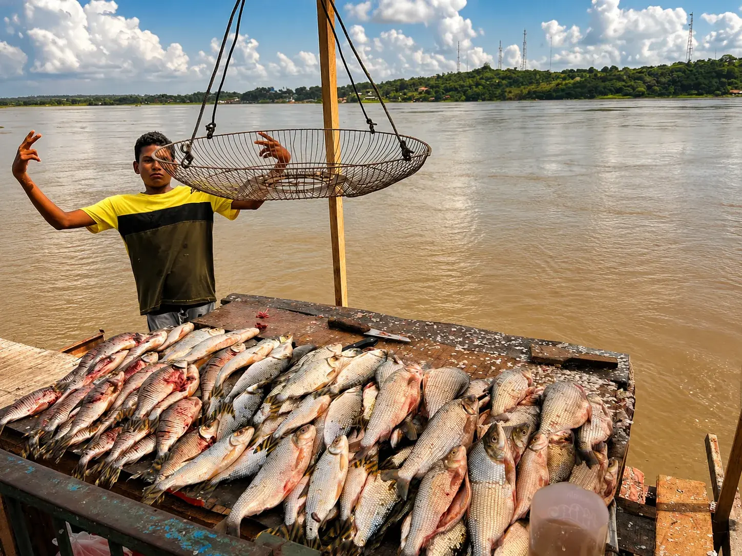 Pescadores con la pesca del dia a orillas del rio Orinoco en Ciudad Bolivar