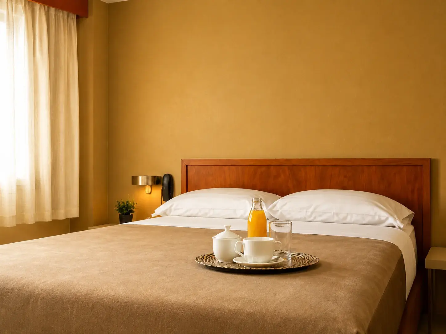 Habitacion cuadruple del Hotel Laja City con cama matrimonial y bandeja de desayuno