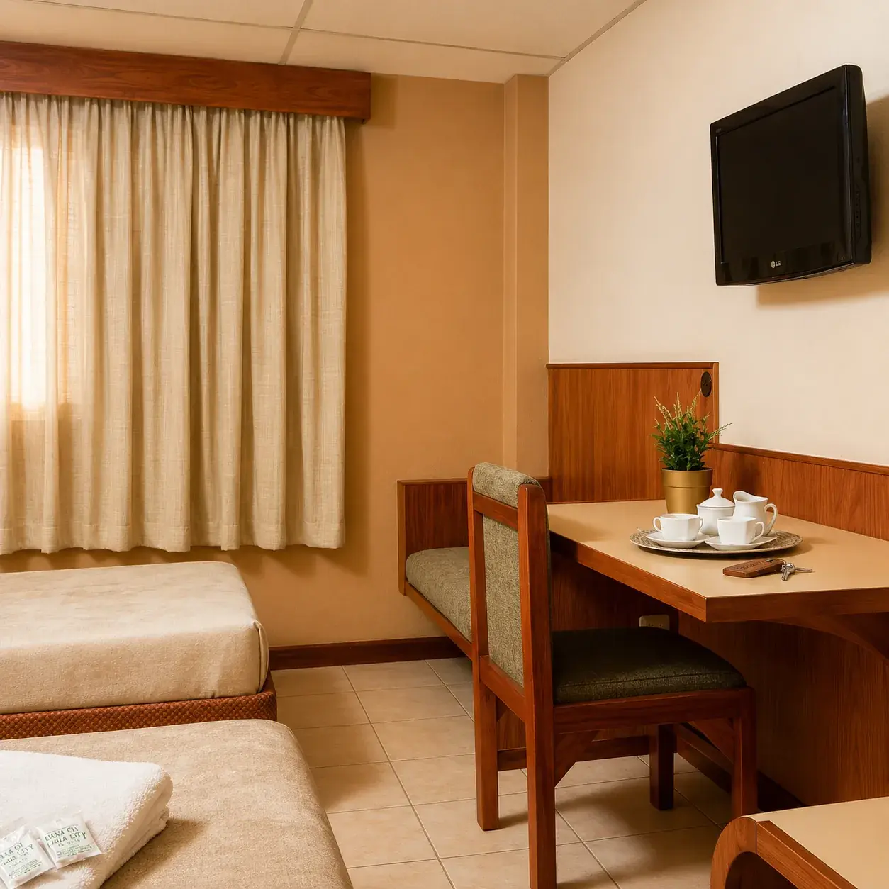 Habitacion del Hotel Laja City con dos camas, escritorio y television