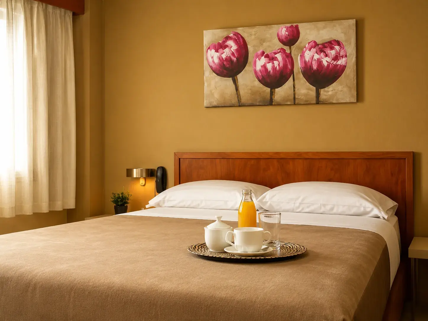 Habitacion matrimonial del Hotel Laja City con bandeja de desayuno