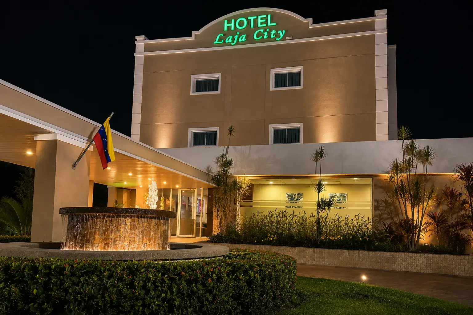 Fachada iluminada del Hotel Laja City de noche, Ciudad Bolivar